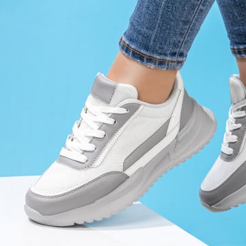 Pantofi sport dama albi cu gri cu siret si talpa groasa MOD08194, 1, modlet.ro