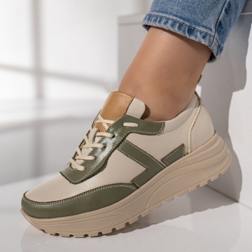 Pantofi sport dama cu siret bej cu verde din Piele naturala MOD12092, 1, modlet.ro