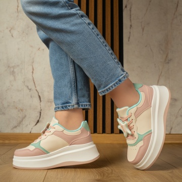 Pantofi sport dama cu siret si talpa groasa alb cu roz MOD13024, 3, modlet.ro