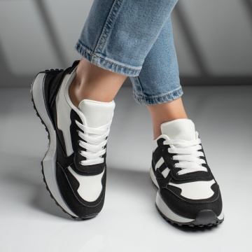 Pantofi sport dama cu siret si talpa groasa albi cu negru MOD11755, 3, modlet.ro