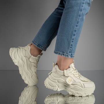 Pantofi sport dama cu siret si talpa groasa bej MOD11697, 3, modlet.ro