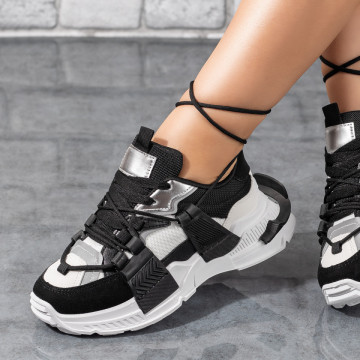Pantofi sport dama cu talpa groasa negri cu alb MOD09410, 3, modlet.ro