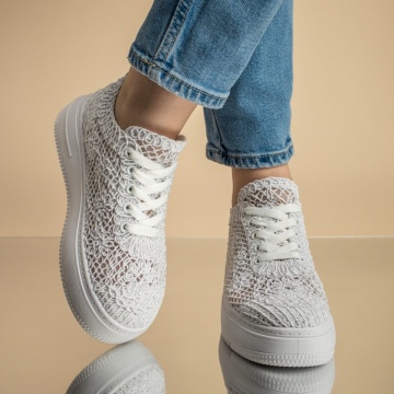 Pantofi sport dama cu talpa groasa si perforatii albi MOD13087, 2, modlet.ro