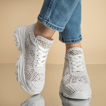 Pantofi sport dama cu talpa groasa si perforatii albi MOD13088, 4, modlet.ro