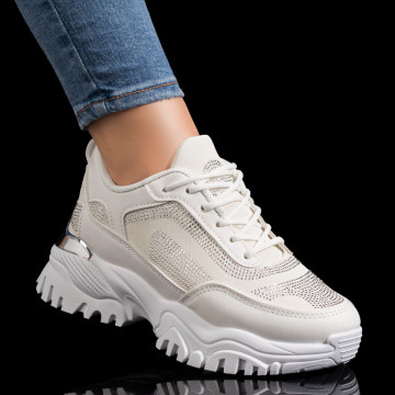 Pantofi sport dama cu talpa groasa si strasuri albi MOD09252, 1, modlet.ro