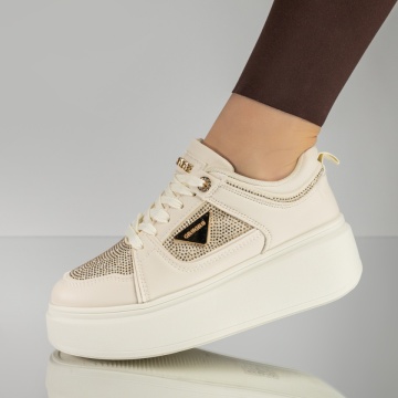 Adidasi dama, Pantofi sport dama cu talpa groasa si strasuri bej MOD14214, modlet.ro