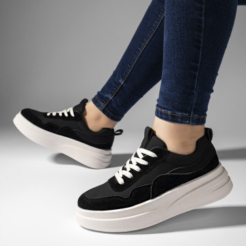 Pantofi sport dama negri cu talpa groasa alba MOD09908, 2, modlet.ro
