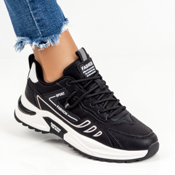 Pantofi sport dama negru cu alb si talpa groasa MDL07065