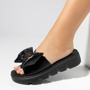 Reduceri papuci si slapi dama, Papuci casual dama cu accesoriu decorativ negri EVA56, modlet.ro