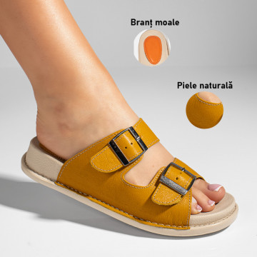 Papuci dama cu catarame galbeni din Piele naturala MOD11416, 3, modlet.ro