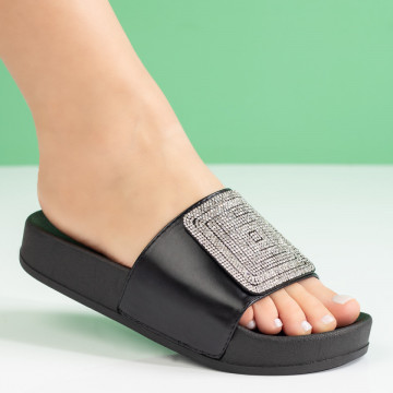 Papuci dama cu talpa groasa si pietre aplicate negri MOD08711, 3, modlet.ro
