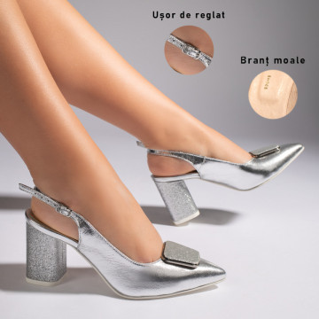Sandale argintii dama cu toc gros si accesoriu MOD11258, 3, modlet.ro