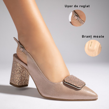 Sandale bej inchis dama cu toc gros si accesoriu MOD11258, 3, modlet.ro