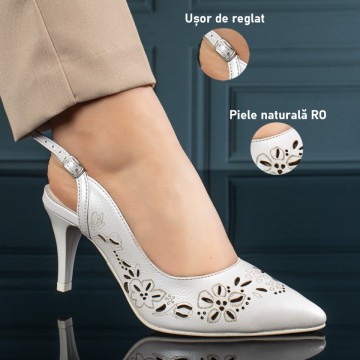 Sandale dama albe cu toc subtire din Piele Naturala MOD11305, 3, modlet.ro