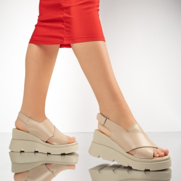Sandale dama cu platforma bej inchis din Piele naturala MOD13279, 3, modlet.ro