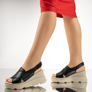 Sandale dama cu platforma negre cu bej din Piele naturala MOD13279, 2, modlet.ro