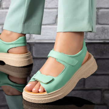 Sandale dama cu talpa groasa verzi din Piele naturala MOD09369, 3, modlet.ro