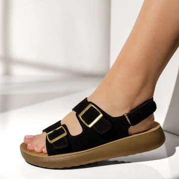 CUPON, Sandale dama cu talpa joasa si inchidere cu scai negru suede MIA10, modlet.ro