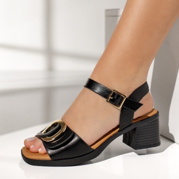 Sandale dama cu toc gros si accesoriu decorativ negre EVA32, 2, modlet.ro