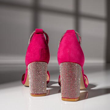 Sandale dama cu toc gros si aplicatie de strasuri roz suede MOD11432, 2, modlet.ro