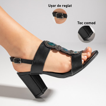 Sandale dama cu toc gros si aplicatii cu pietre negre MOD11497, 3, modlet.ro