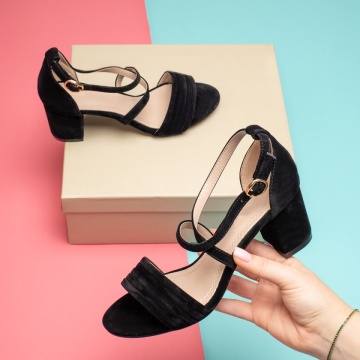 Sandale dama cu toc gros si bareta negru suede MOD12695, 1, modlet.ro