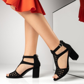 Sandale dama cu toc gros si fermoar negre suede MOD09424, 1, modlet.ro
