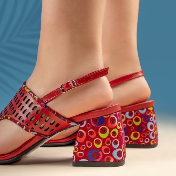 Sandale dama cu toc gros si perforatii rosii din Piele naturala ZEF13449, 2, zeforia.ro