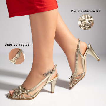 Sandale dama cu toc subtire aurii din Piele naturala MOD11384, 3, modlet.ro