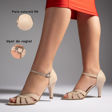 Sandale dama cu toc subtire si bareta bej din Piele naturala MOD11007, 3, modlet.ro