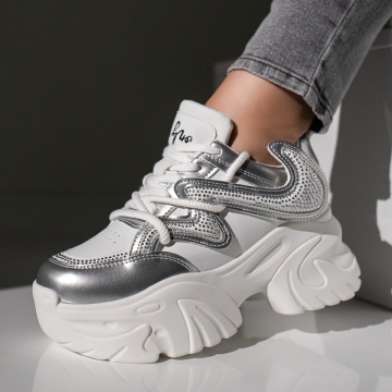Sneakers dama albi cu argintiu cu siret MOD11730, 1, modlet.ro