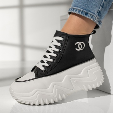 Tenisi dama cu talpa groasa negru cu alb MOD12992, 1, modlet.ro