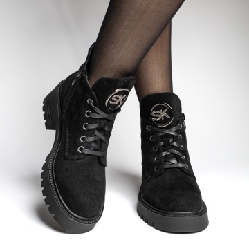 Bocanci dama cu siret si accesoriu decorativ negru suede MOD12608, 3, modlet.ro
