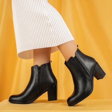 Botine dama, Botine dama cu toc gros negre din Piele naturala MOD05667, modlet.ro