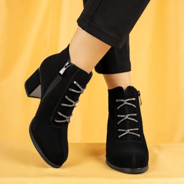 Botine dama cu toc gros negru suede FLORINA7