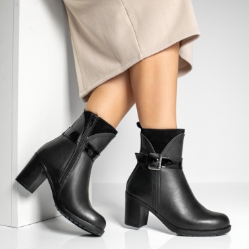 Botine dama cu toc gros si catarama negre din Piele naturala MOD12419, 3, modlet.ro