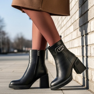 Botine dama, Botine dama cu toc gros si platforma negre din Piele naturala MOD14063, modlet.ro