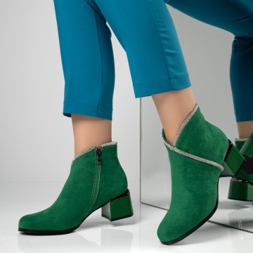 Botine dama cu toc gros si strasuri aplicate verde suede MOD12594, 2, modlet.ro