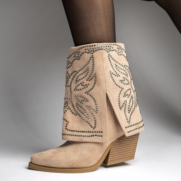 Ciocate dama cu toc gros si aplicatii cu pietre khaki suede MOD12341, 2, modlet.ro