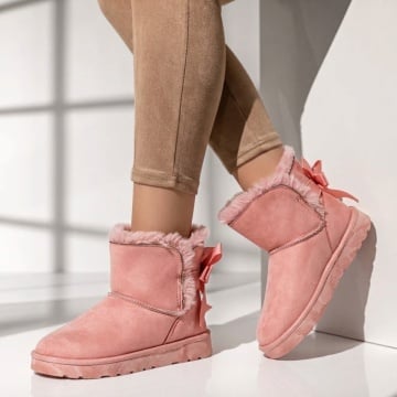 Cizme fara toc, Cizme dama scurte cu funda la spate roz suede MOD07105, modlet.ro