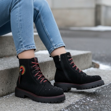 Ghete cu siret si fermoar dama negre cu rosu suede MOD07156, 2, modlet.ro