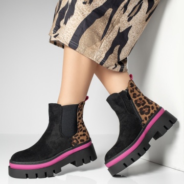 Ghete dama cu print negru cu roz suede MOD12262, 2, modlet.ro