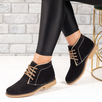 Ghete dama cu siret negre suede din Piele naturala MOD10365, 3, modlet.ro