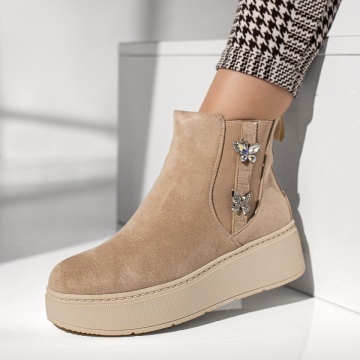 Ghete dama cu talpa groasa si accesorii metalice bej suede MOD12396, 1, modlet.ro