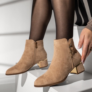 Ghete dama cu toc gros si accesorii decorative khaki suede MOD12857, 3, modlet.ro