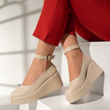 Pantofi casual cu platforma si bareta bej cu aspect lucios NINA6, 2, modlet.ro