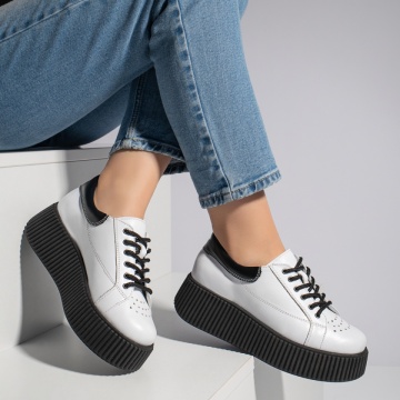 Pantofi casual dama albi cu talpa groasa din Piele naturala MOD12740, 4, modlet.ro