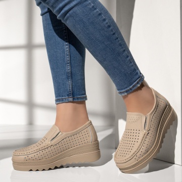 Pantofi casual dama cu perforatii bej din Piele naturala MOD13102, 2, modlet.ro