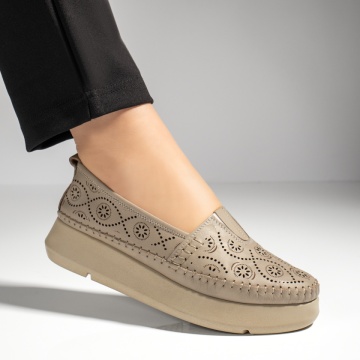 Pantofi casual dama cu perforatii bej din Piele naturala MOD13304, 3, modlet.ro
