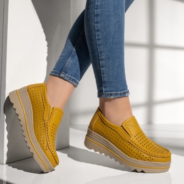Pantofi casual dama cu perforatii galbeni din Piele naturala MOD13102, 4, modlet.ro